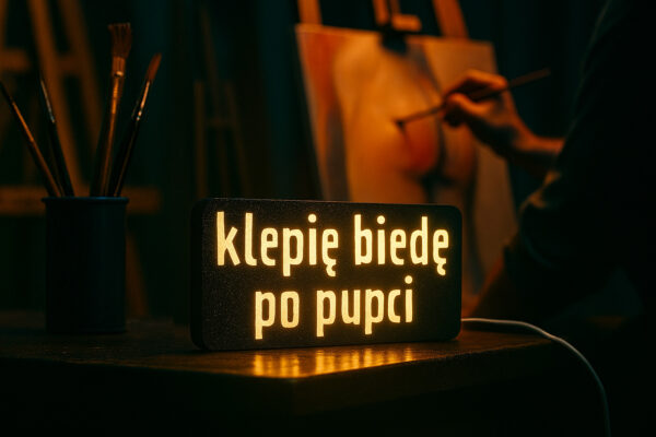 Lampa LED z napisem KLEPIĘ BIEDĘ PO PUPCI