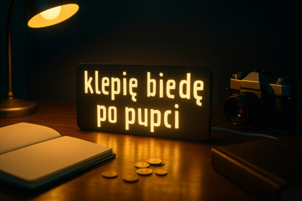 Lampa LED z napisem KLEPIĘ BIEDĘ PO PUPCI