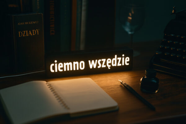 Lampa z napisem CIEMNO WSZĘDZIE