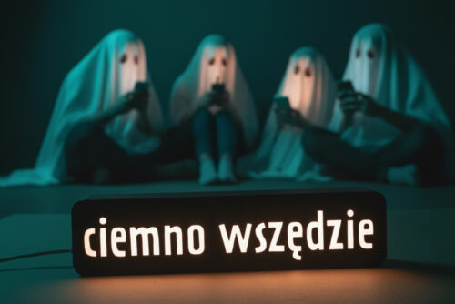 Lampa z napisem CIEMNO WSZĘDZIE